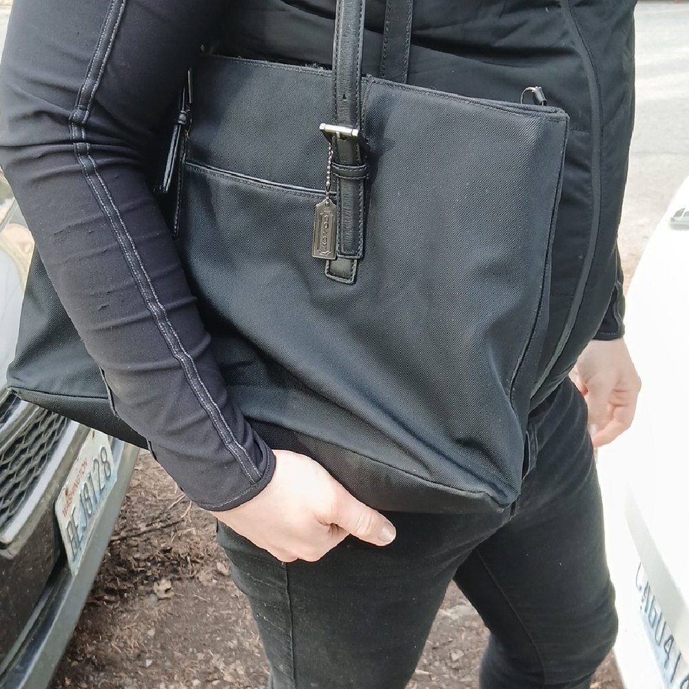 Coach Black Canvas Messenger Bag with Front Pocket and Tag